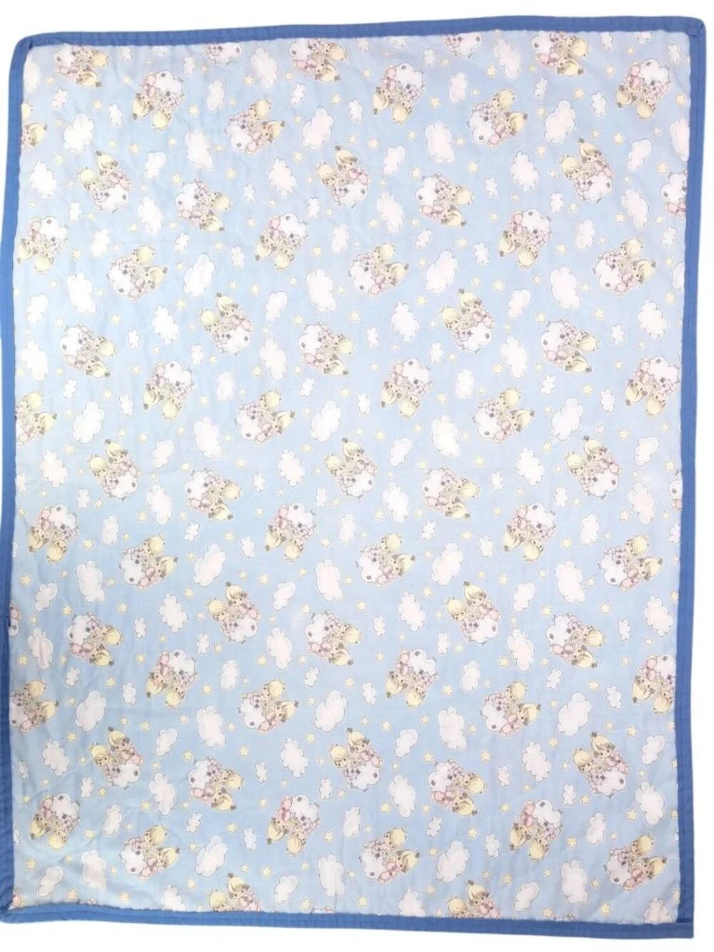 Vintage Handmade Precious Moments Baby Angel Quilt Blanket Blue Double Sided